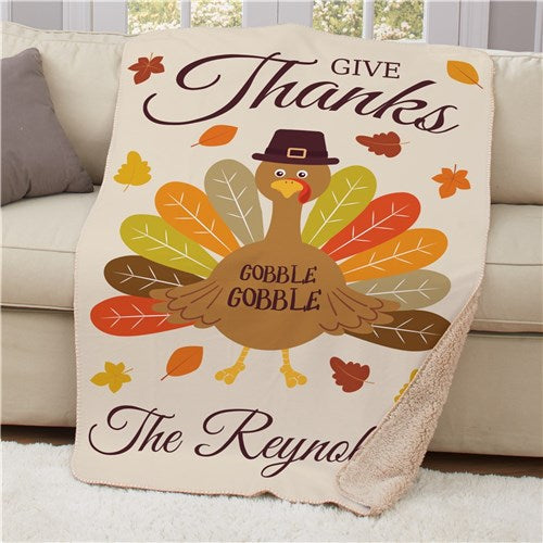 Personalized Give Thanks Turkey With Hat Sherpa Blanket