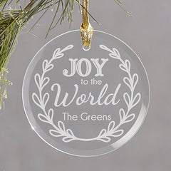 Engraved Joy to the World Round Glass Ornament