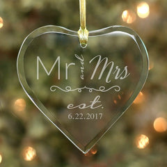 Engraved Wedding Couple Glass Heart Ornament