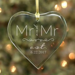 Engraved Wedding Couple Glass Heart Ornament