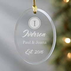 Engraved Couples Name And Initial Oval Glass Ornament
