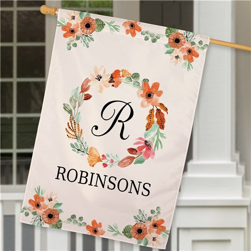 Personalized Watercolor Floral Wreath House Flag