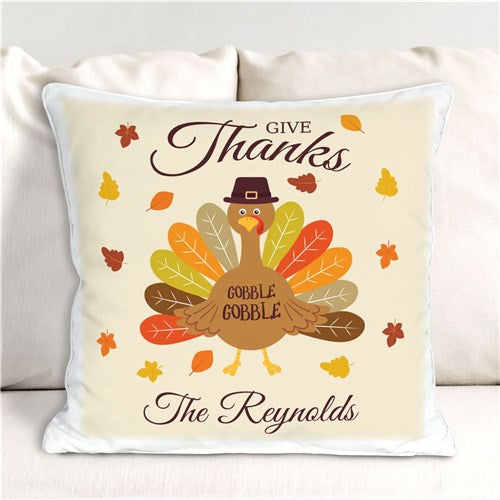Personalized Give Thanks Turkey With Hat Throw Pillow