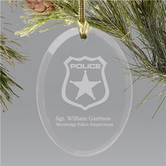 Police Officer Engraved Oval Glass Holiday Ornament