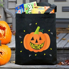 Personalized Smiling Pumpkin Trick or Treat Black Tote Bag