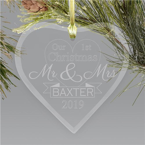 Engraved First Christmas Mr. and Mrs. Holiday Ornament | Glass Heart