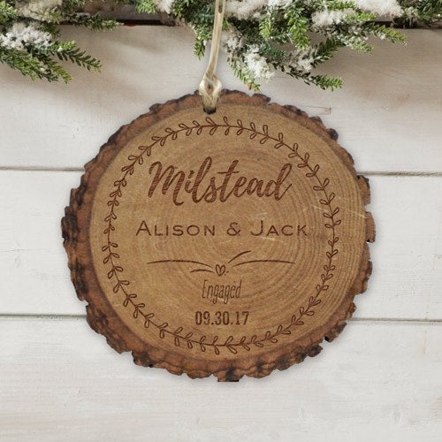 Personalized Engagement Round Rustic Wood Ornament