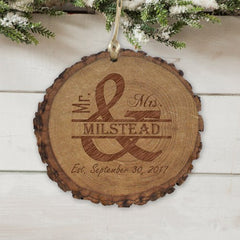 Personalized Married Couple Round Rustic Wood Ornament