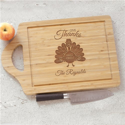Engraved Give Thanks Turkey With Hat Large Cutting Board
