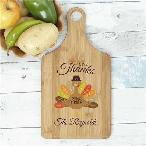 Personalized Give Thanks Turkey With Hat Paddle Cutting Board