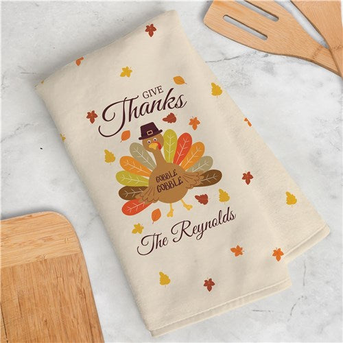 Personalized Give Thanks Turkey With Hat Dish Towel