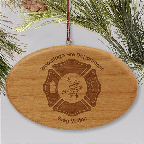 Engraved Fire Department Wooden Oval Christmas Ornament