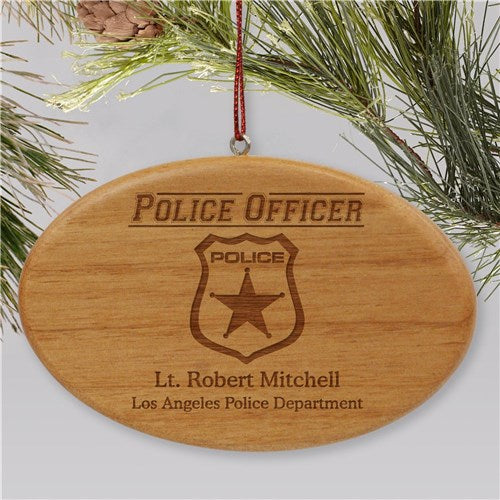 Engraved Police Officer Wooden Oval Holiday Ornament