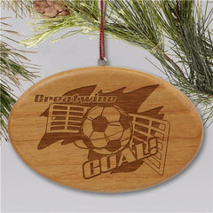 Engraved Soccer Player Wooden Oval Holiday Ornament