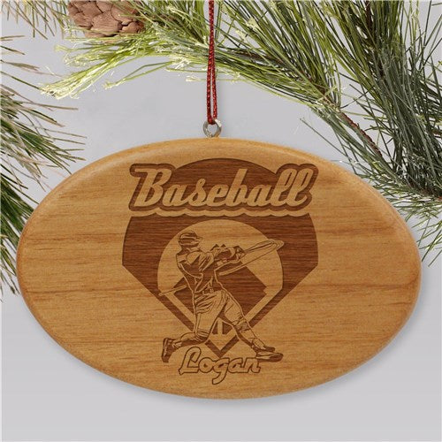Engraved Baseball Wooden Oval Holiday Ornament