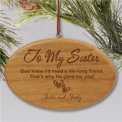 Engraved Sister Wooden Oval Holiday Ornament