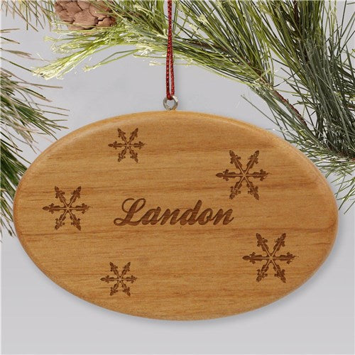 Engraved Snowflakes Wooden Oval Christmas Ornament