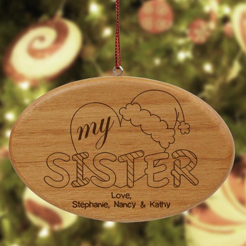Engraved Heart My Sister Wood Oval Ornament